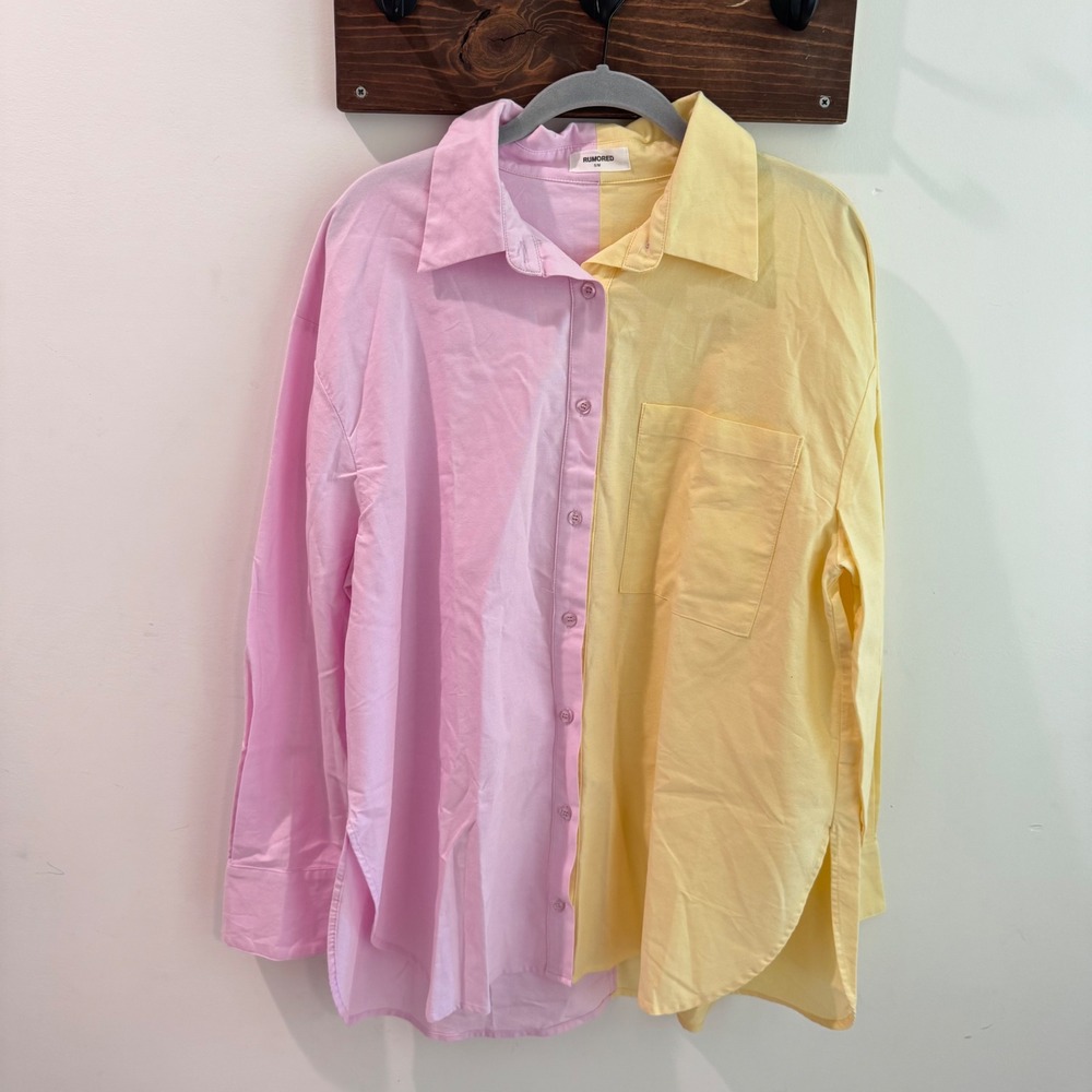 Rumored Colorblock Button Down Shirt Pastel Pink Yellow Cotton Oversized S/M